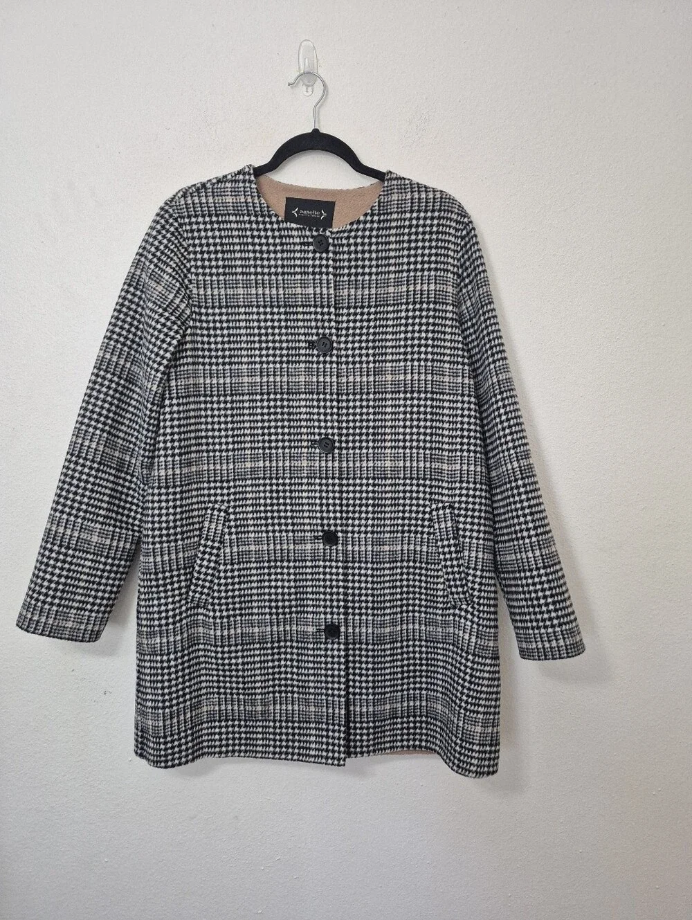 Nanette Lepore Black & White Houndstooth Plaid Wool Blend Collarless Coat